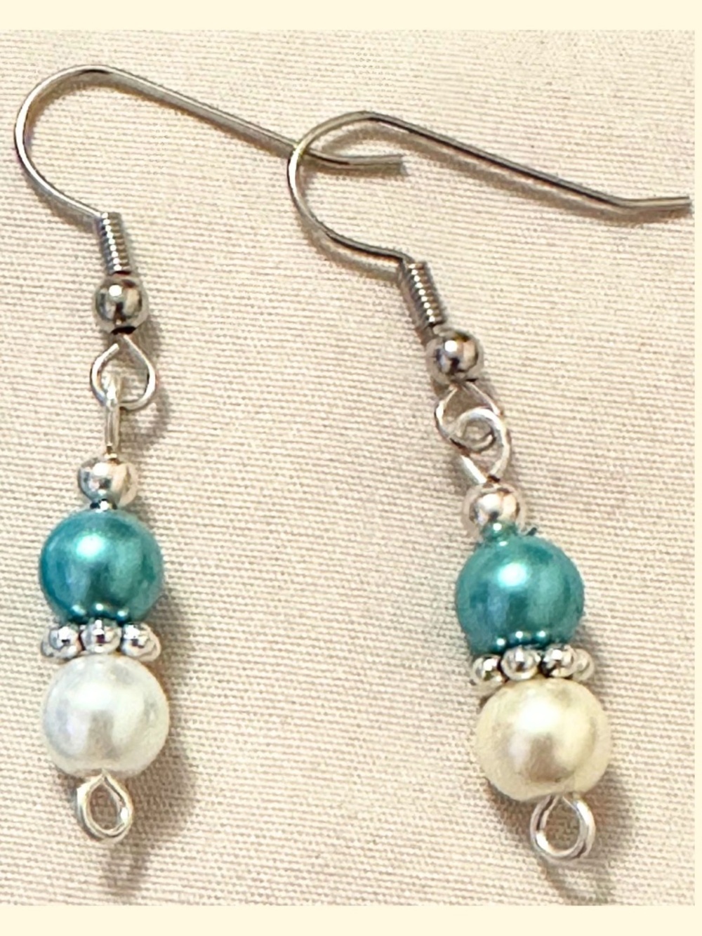 Handmade Blue White Faux Pearl Earrings Stainless Steel Hooks Beach Coastal Gift